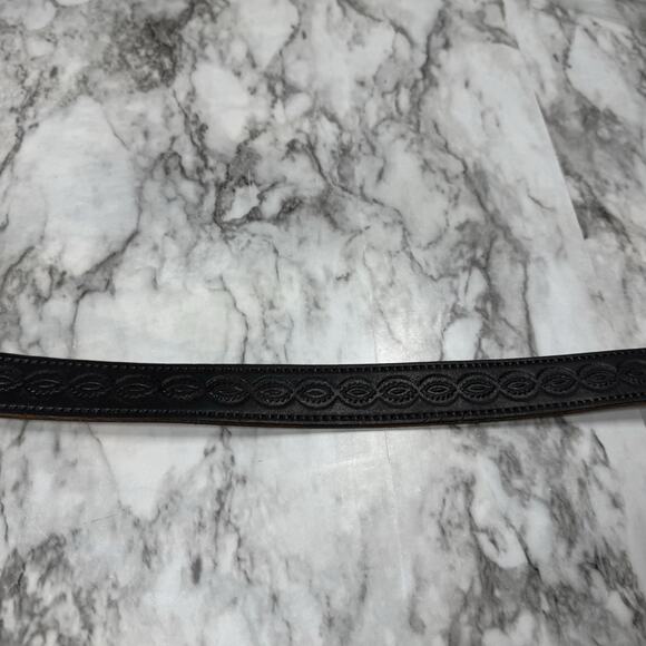 Western Tooled Black Leather Belt Strap Mens Size 44 Embossed Snap On No Buckle - Picture 8 of 14